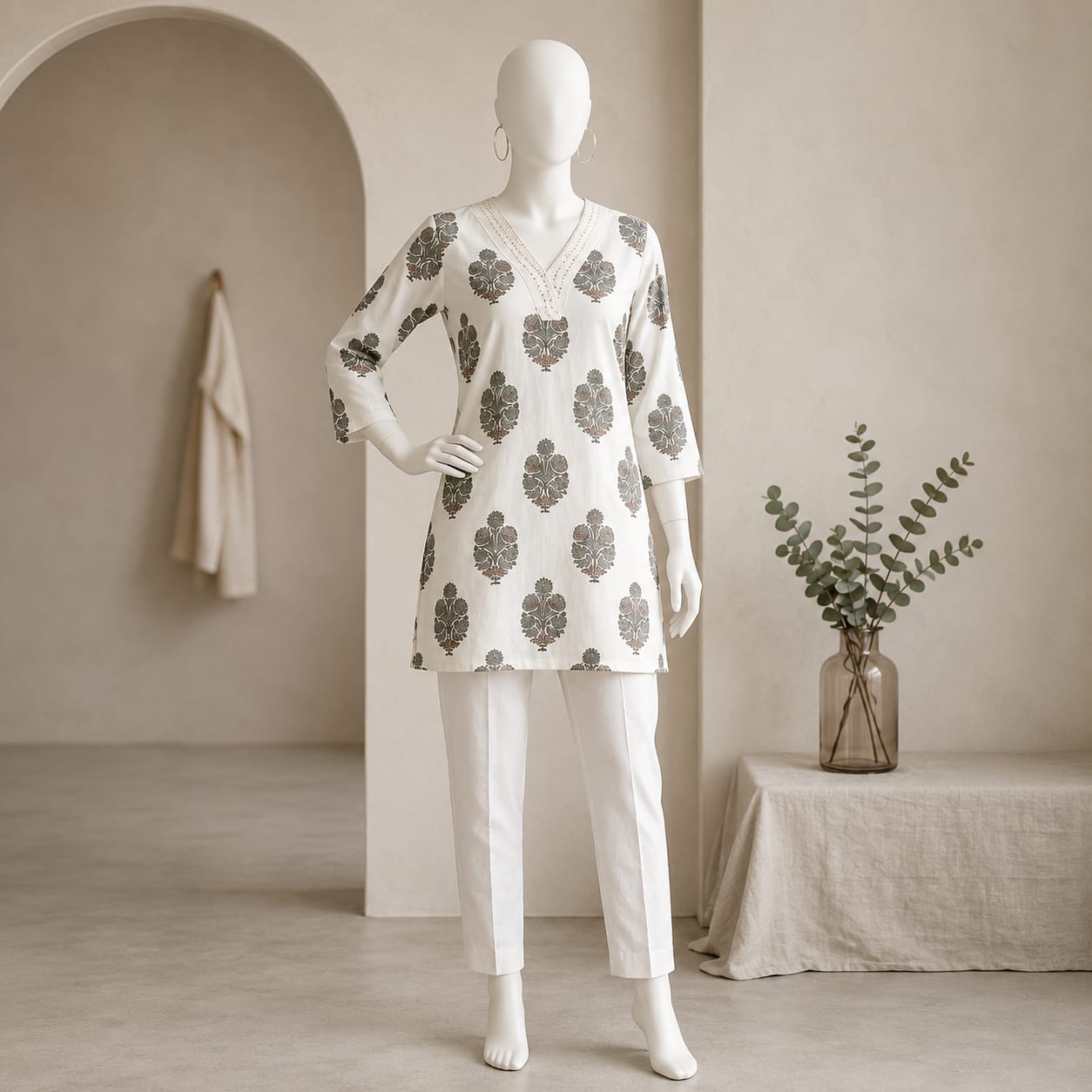 Women's Ivory Floral Buta Printed Cotton Straight Kurti with Lace V-Neck