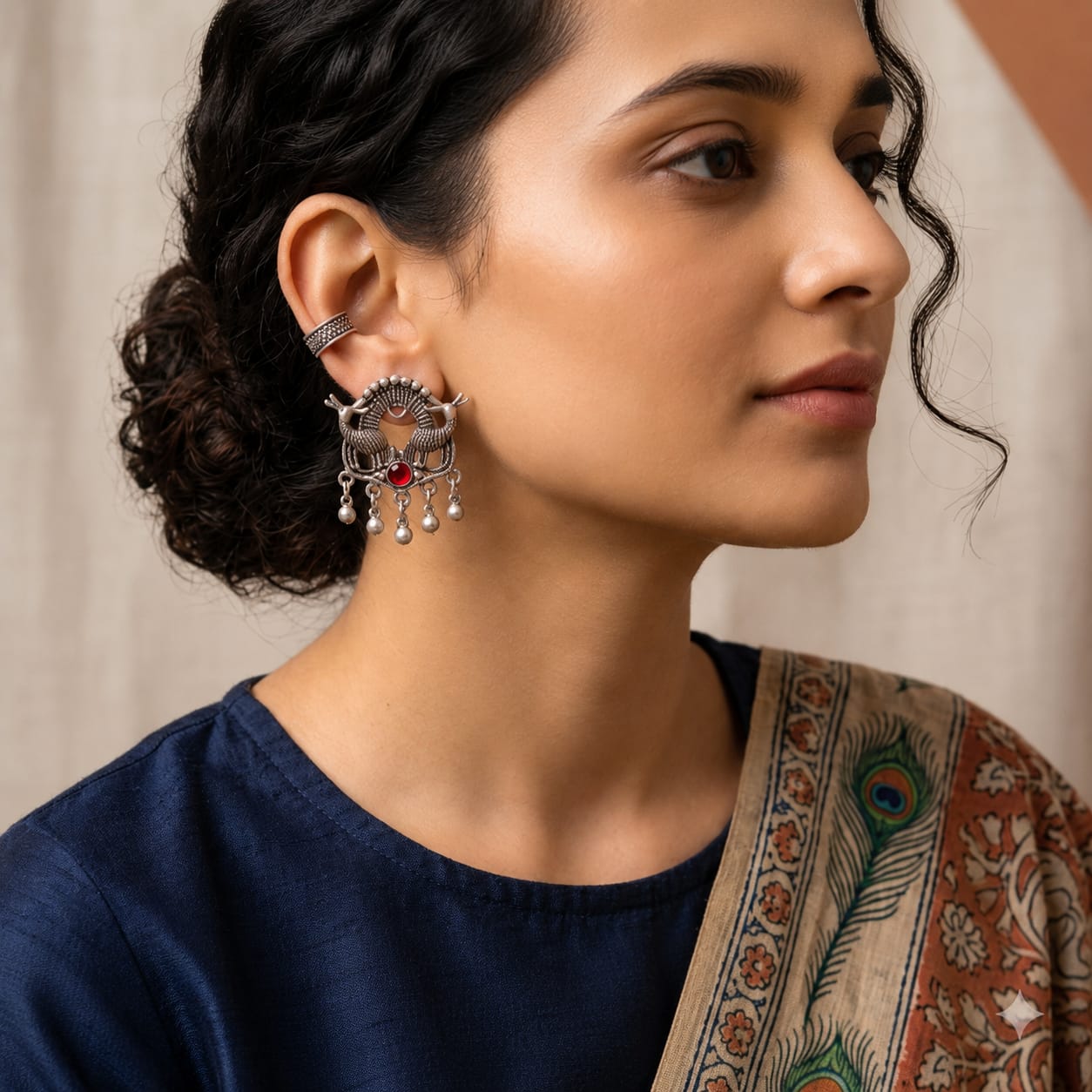 Royal Peacock Oxidised Silver Earrings