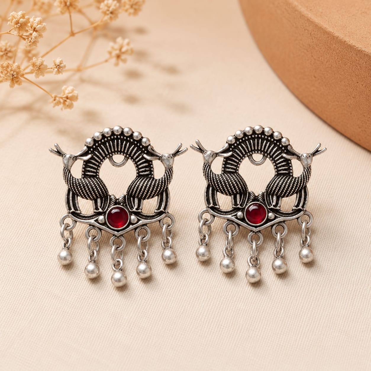 Royal Peacock Oxidised Silver Earrings view 2