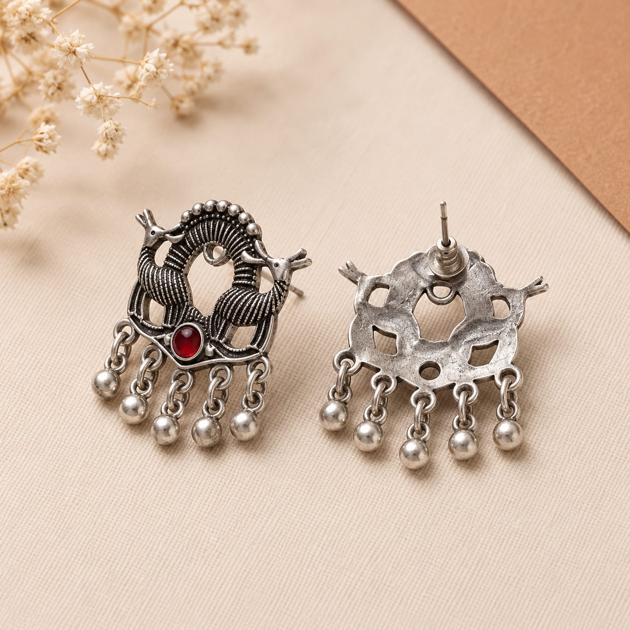 Royal Peacock Oxidised Silver Earrings view 3