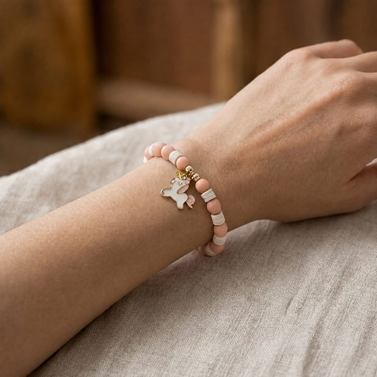 Pastel Peach Unicorn Charm Beaded Bracelet