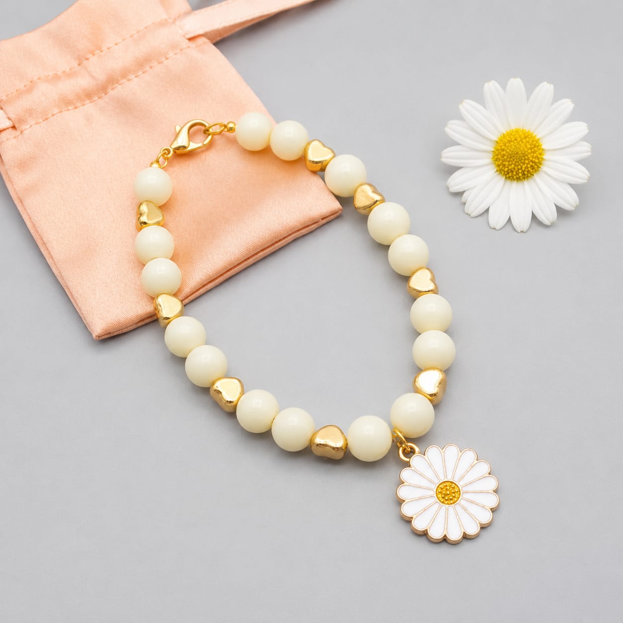 Golden Daisy & Pearl Heart Beaded Charm Bracelet