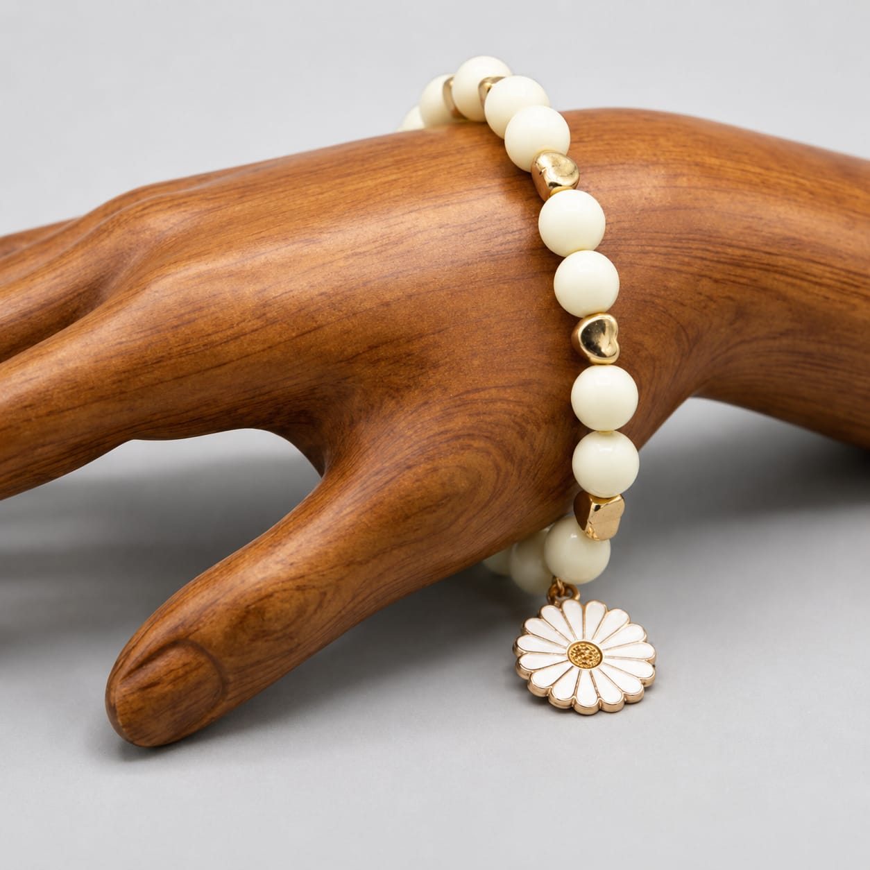 Golden Daisy & Pearl Heart Beaded Charm Bracelet view 2
