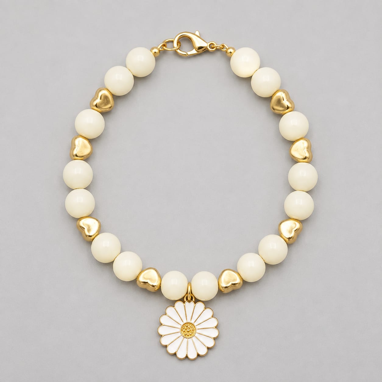 Golden Daisy & Pearl Heart Beaded Charm Bracelet view 4