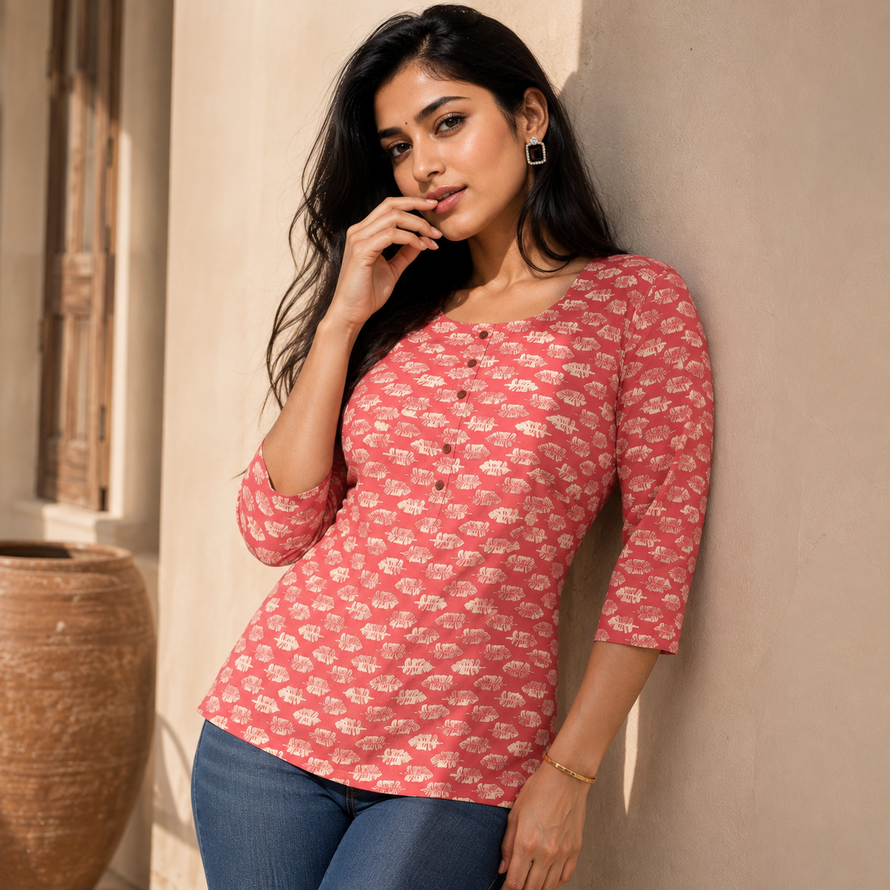 Blush Pink Leaf Print Cotton Short Kurti view 2