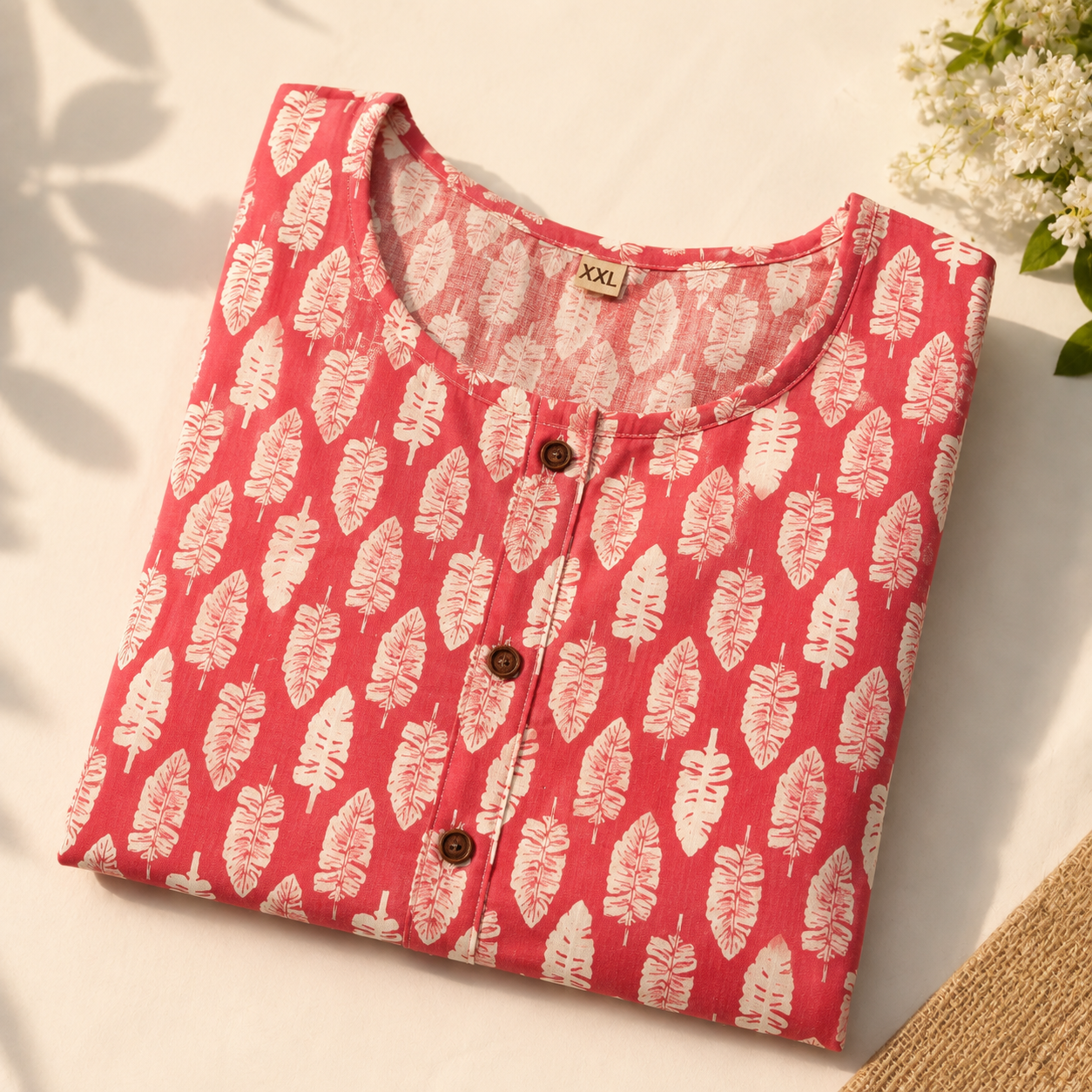 Blush Pink Leaf Print Cotton Short Kurti