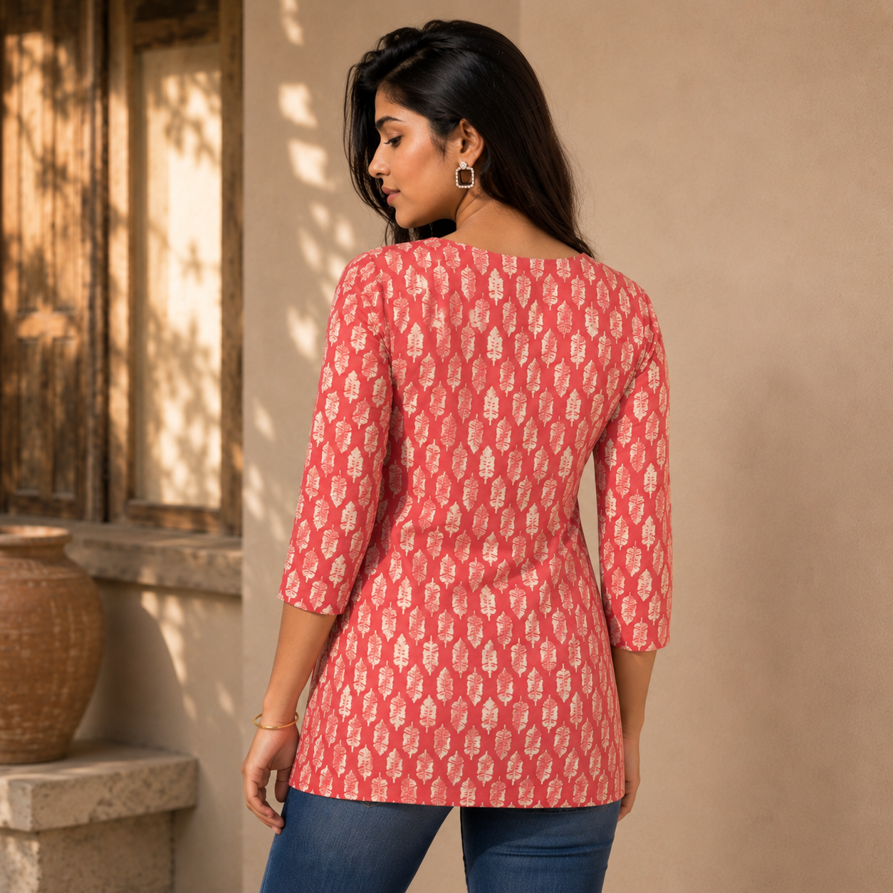 Blush Pink Leaf Print Cotton Short Kurti view 3