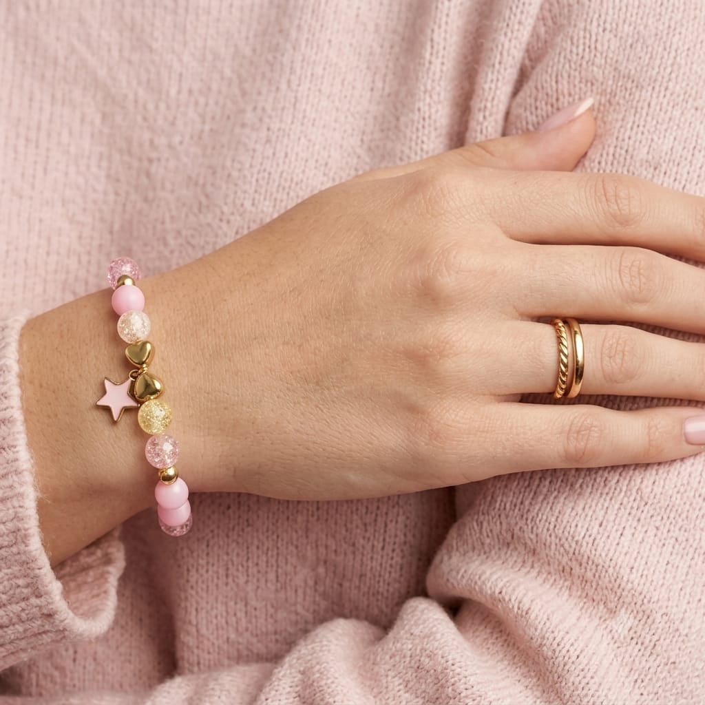 Pink & Gold Star Beaded Bracelet view 2