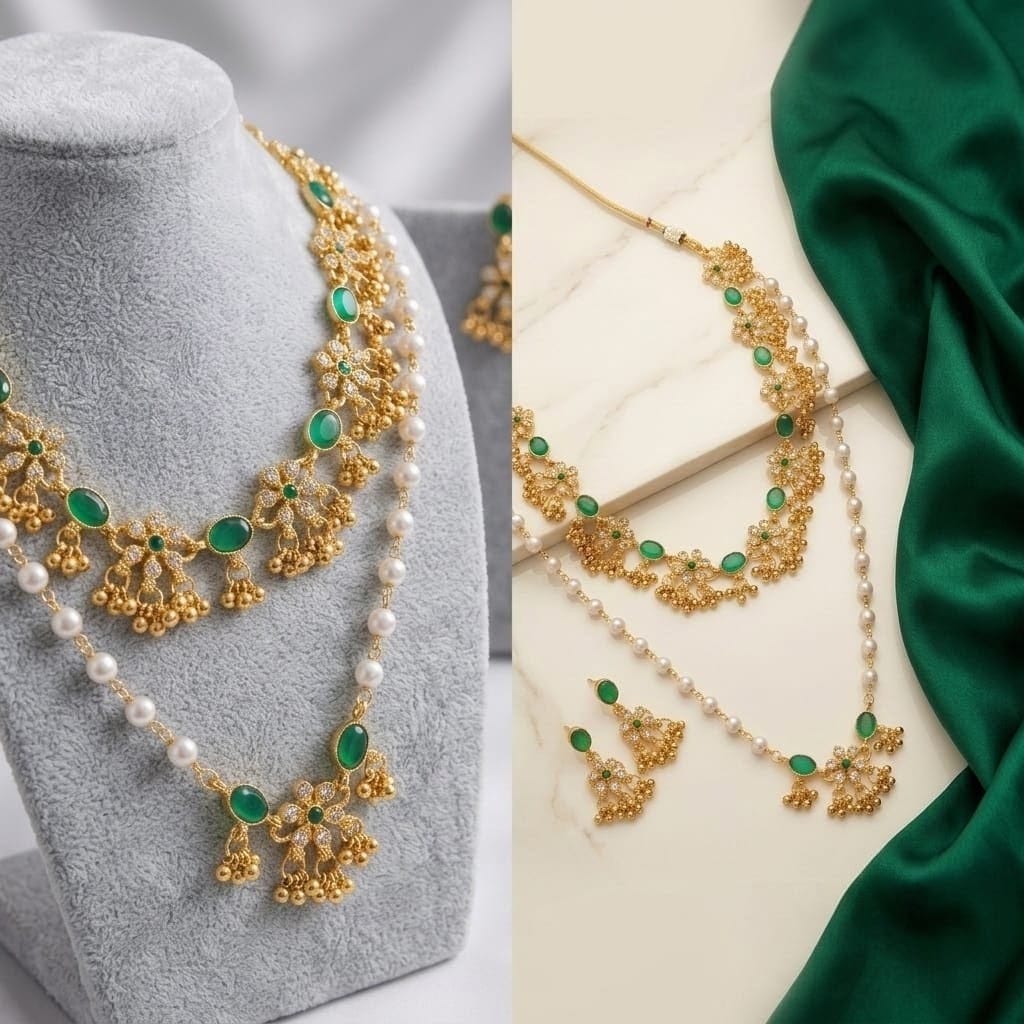 Emerald Green Pearl Layered Necklace Set view 4