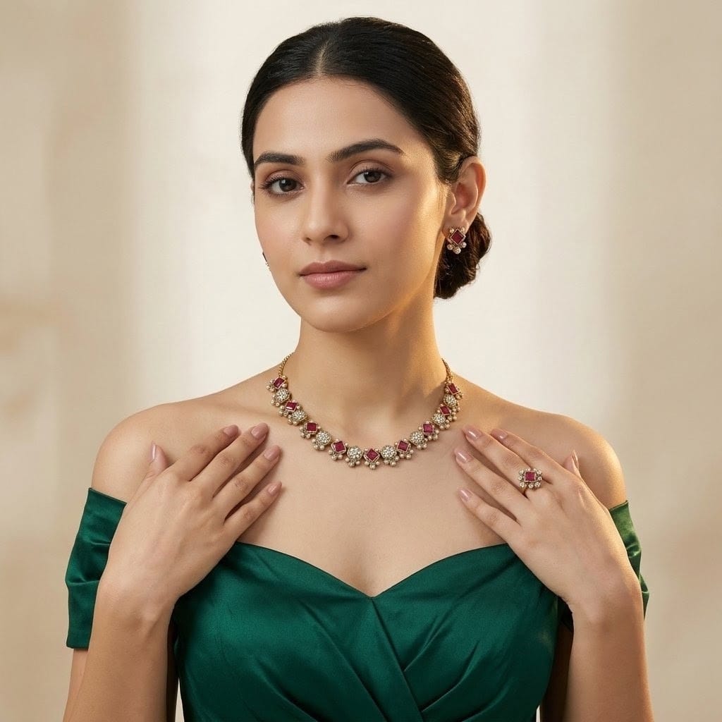 Royal Crimson & Diamond Cluster Necklace Set