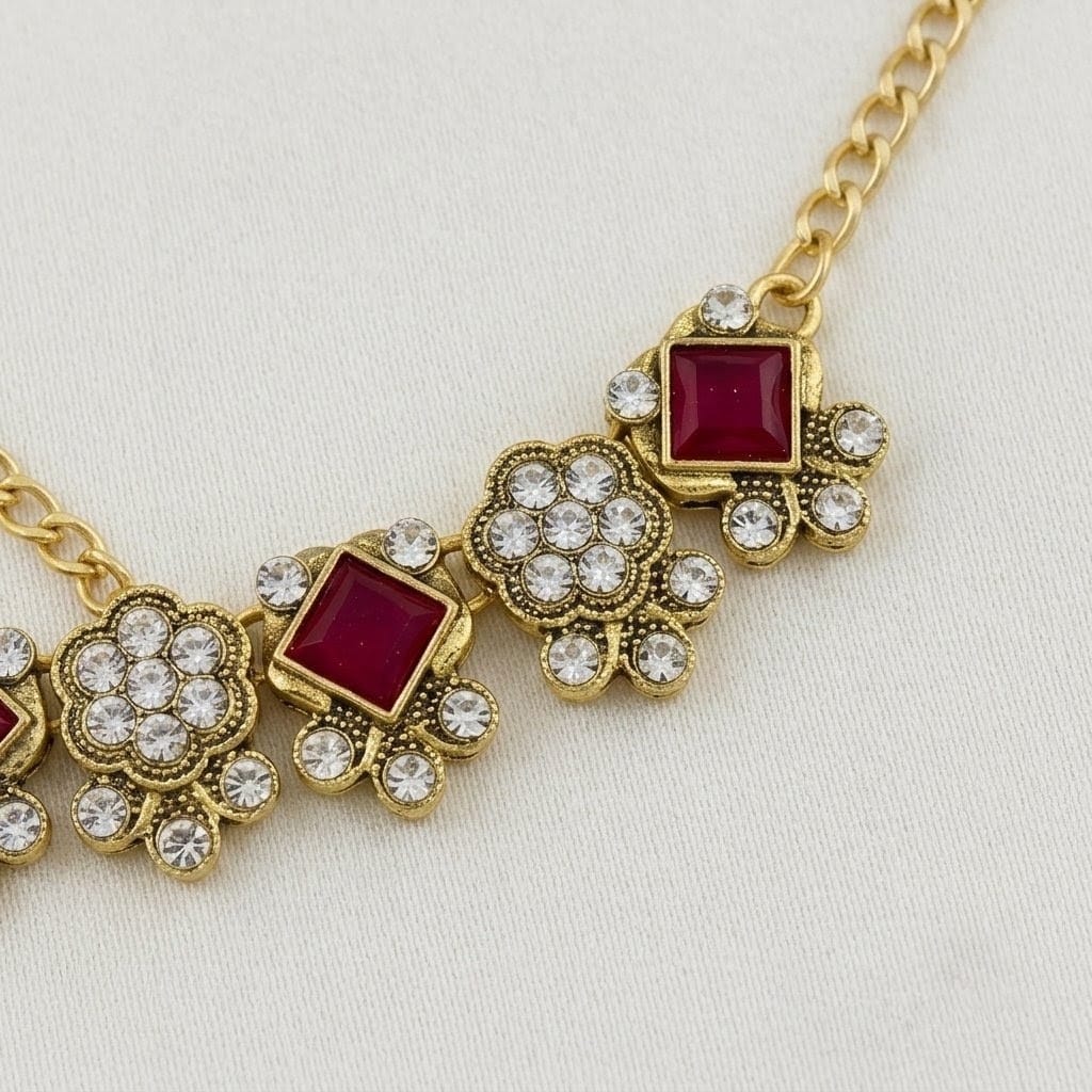 Royal Crimson & Diamond Cluster Necklace Set view 2