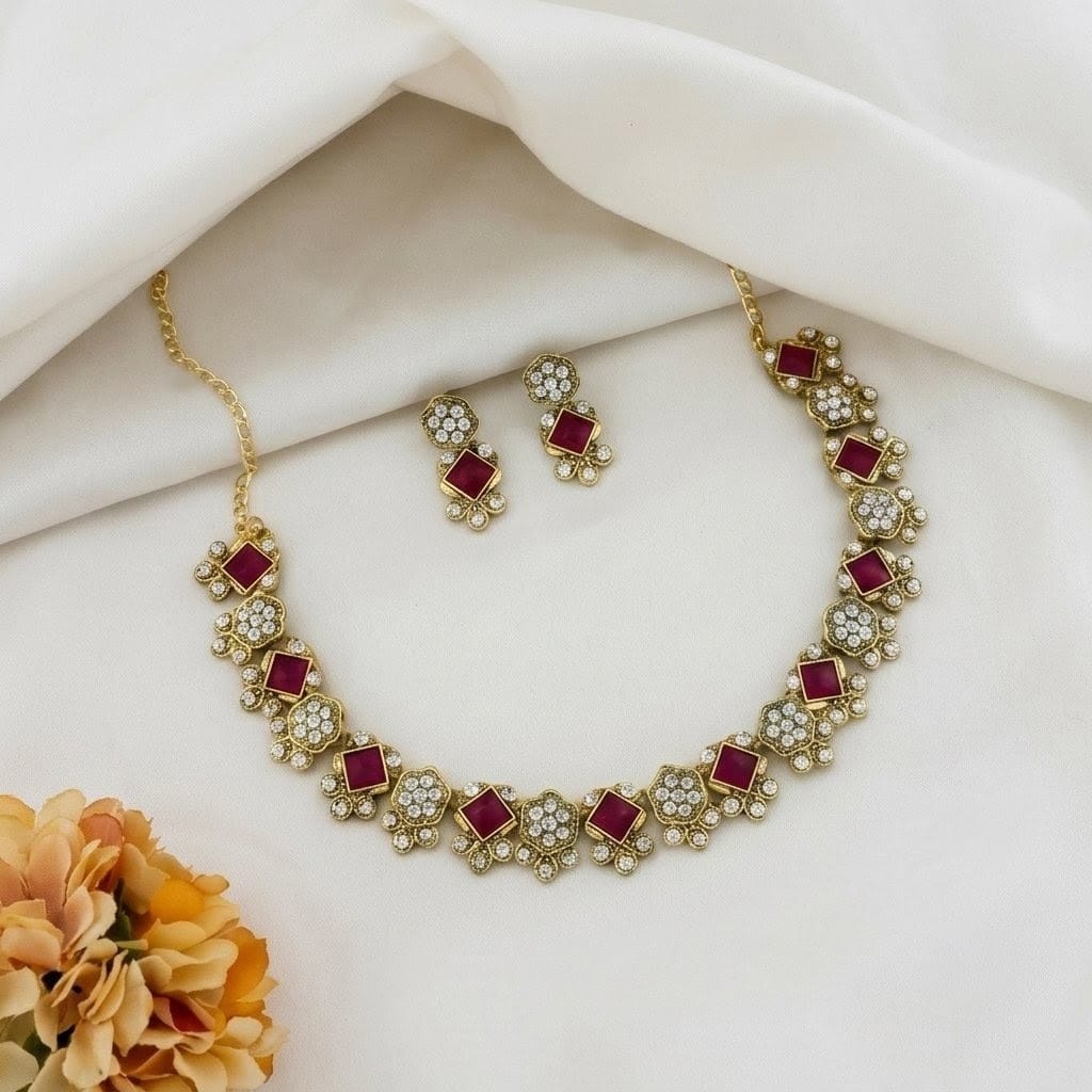 Royal Crimson & Diamond Cluster Necklace Set view 3
