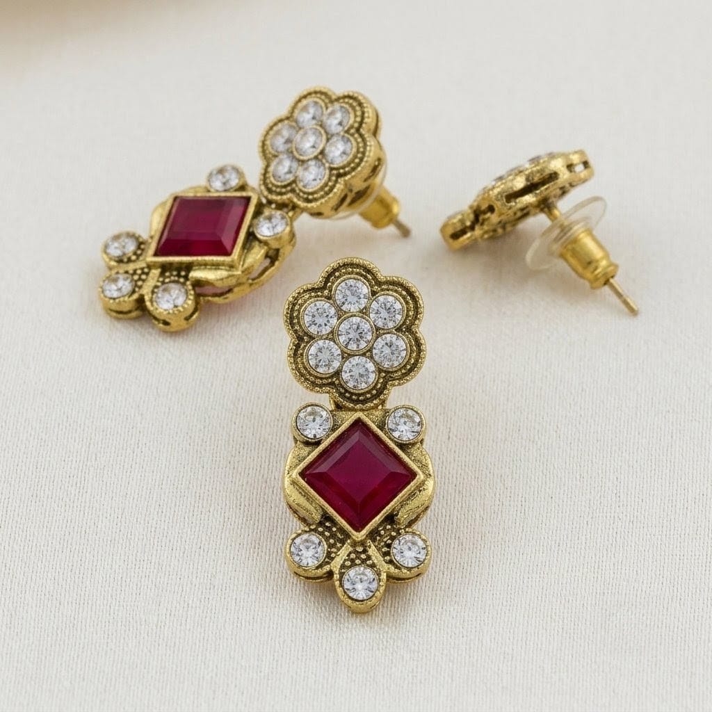 Royal Crimson & Diamond Cluster Necklace Set view 4