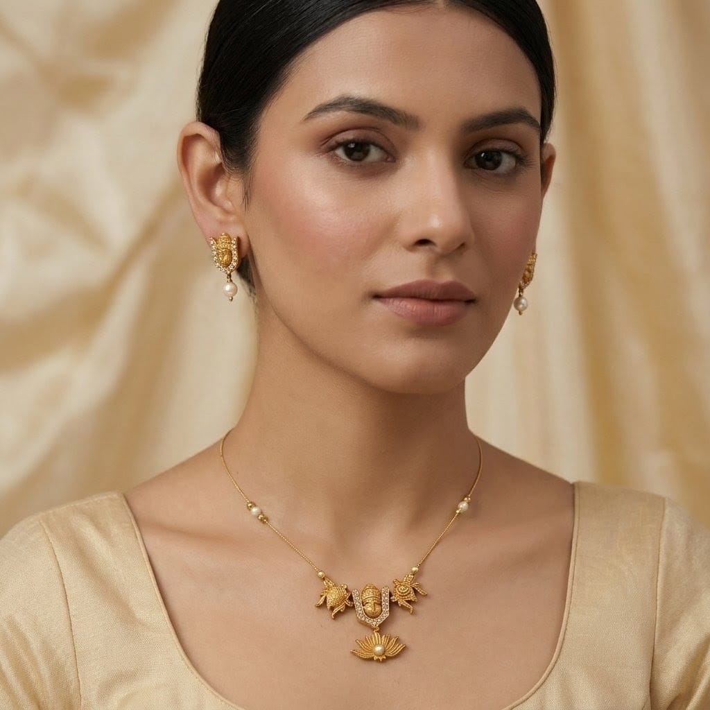 Divine Lotus & Lord Venkateswara Gold-Plated Pendant Set