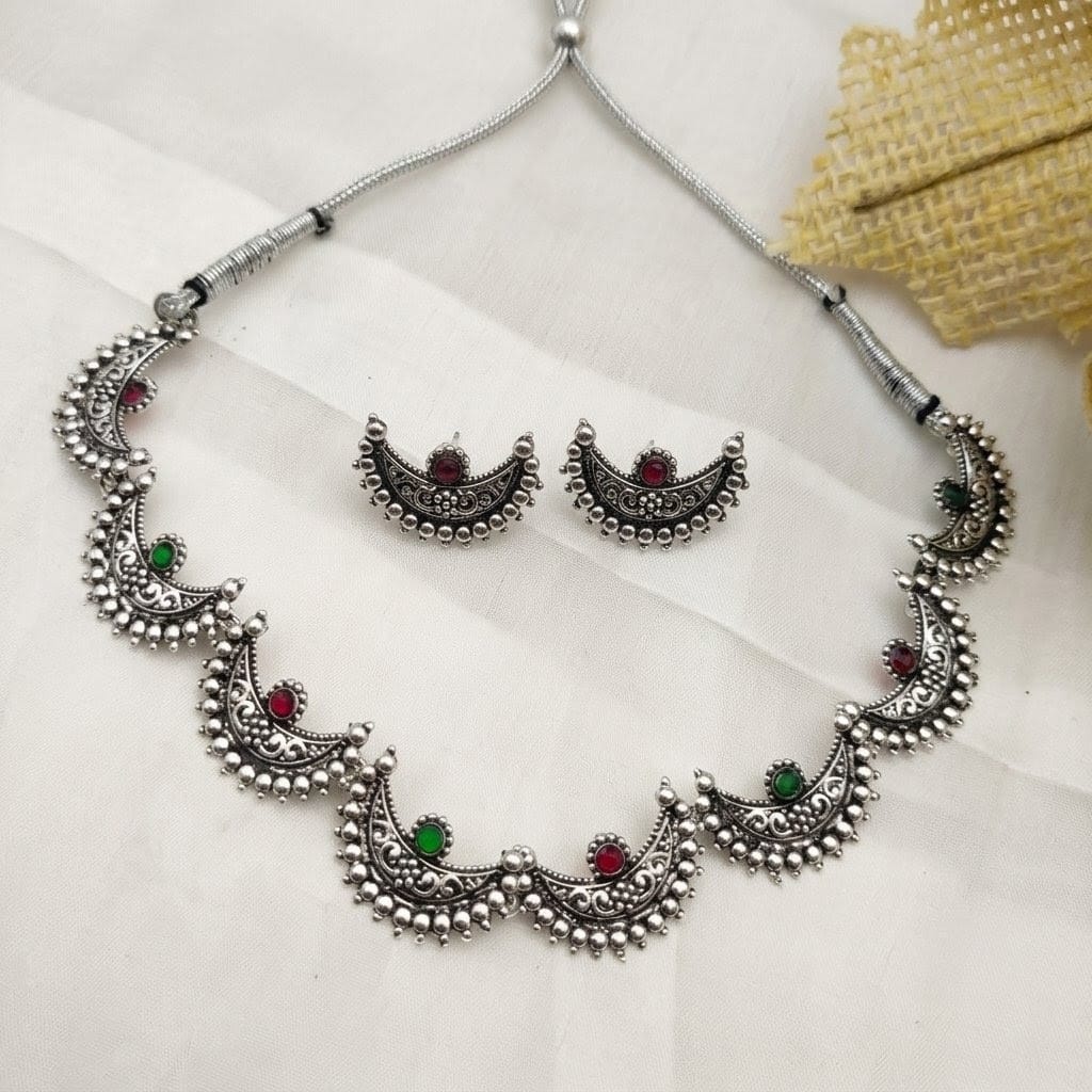 Bohemian Oxidized Silver Crescent Necklace Set