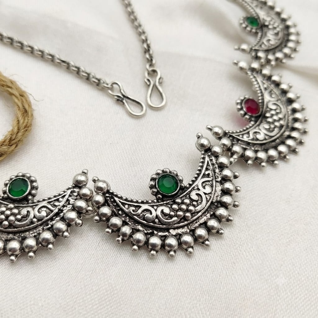 Bohemian Oxidized Silver Crescent Necklace Set view 2
