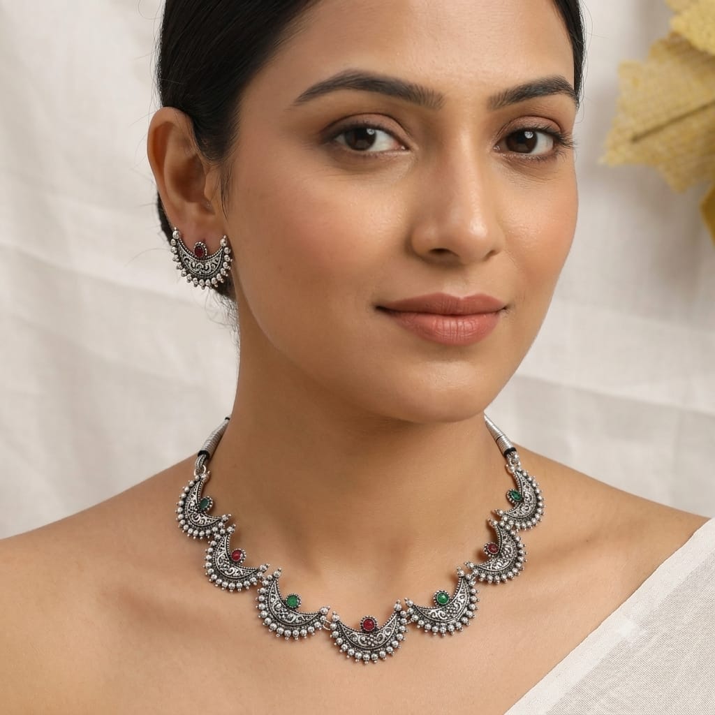 Bohemian Oxidized Silver Crescent Necklace Set view 3