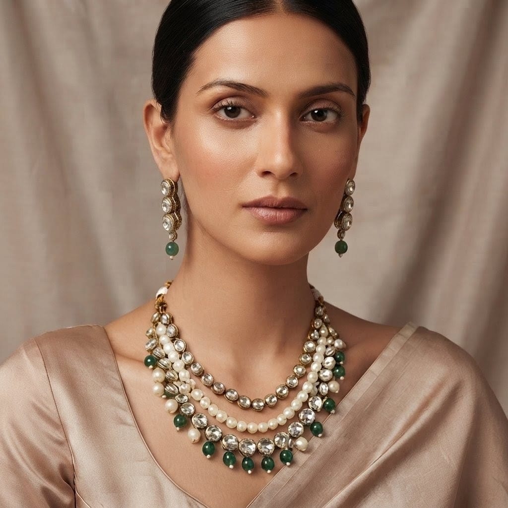 Emerald Pearl Kundan Necklace Set view 2