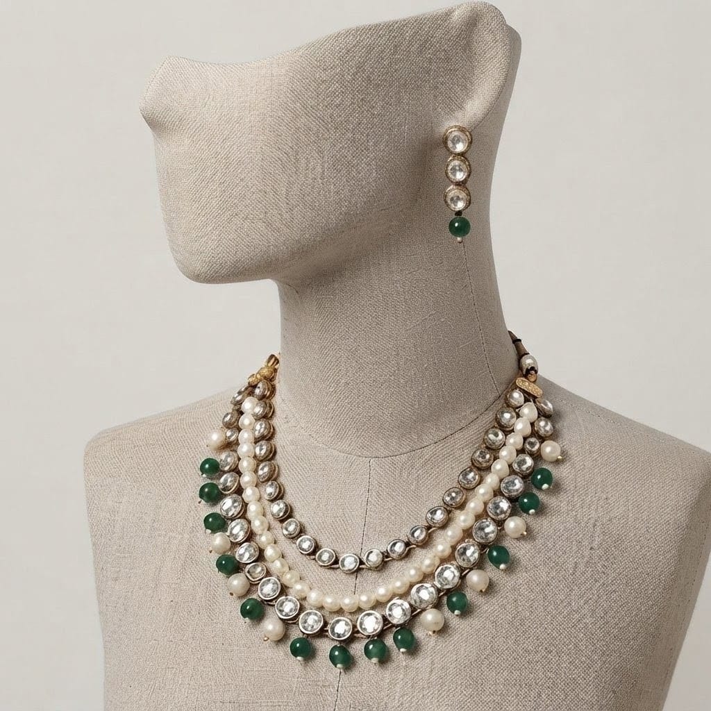 Emerald Pearl Kundan Necklace Set view 3