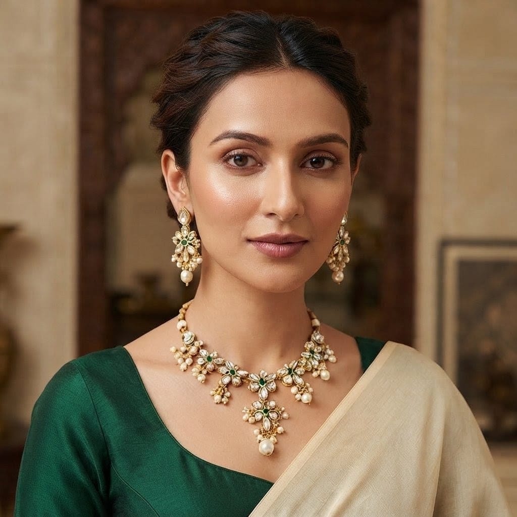 Royal Polki & Emerald Bridal Necklace Set view 3