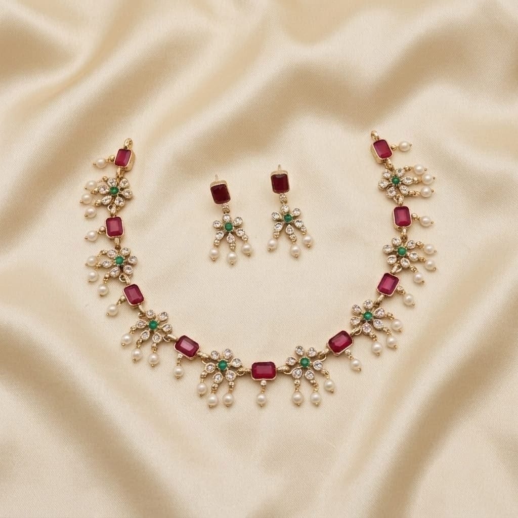 Ruby Red Pearl Floral Necklace Set