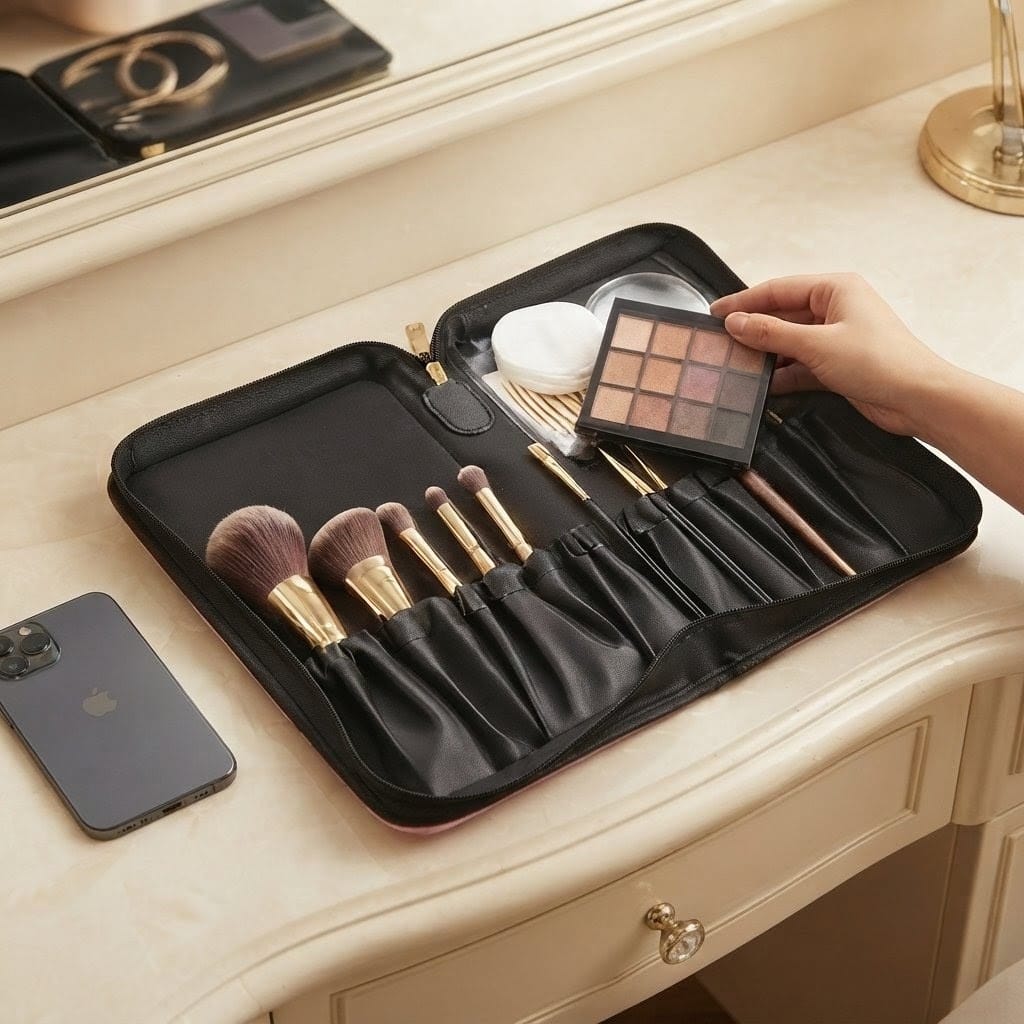 Elegant Sakura Floral Roll-Up Cosmetic & Makeup Brush Organizer Bag