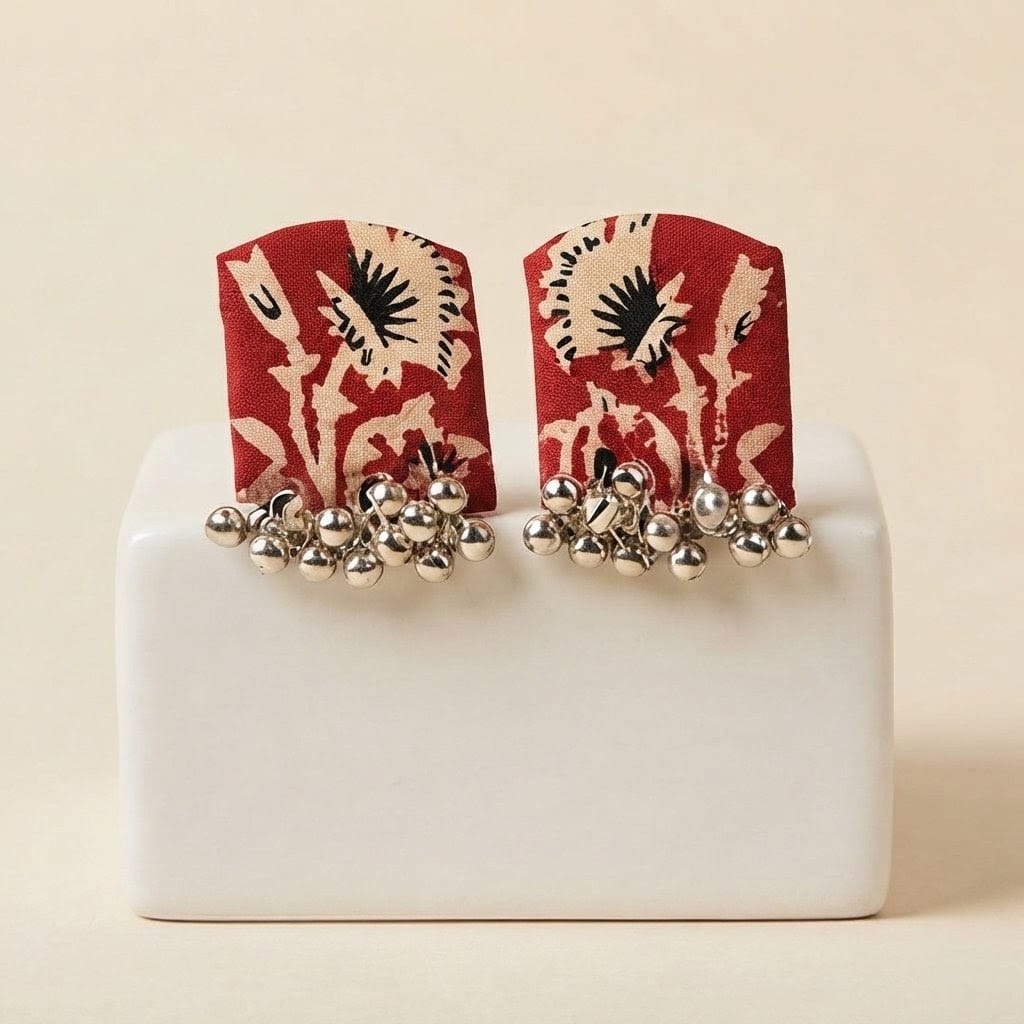 Crimson Floral Fabric Statement Red & Silver Bell Drop Studs