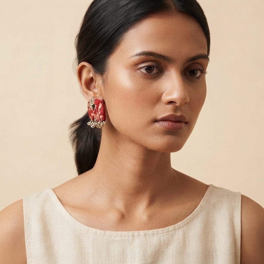 Crimson Floral Fabric Statement Red & Silver Bell Drop Studs view 2