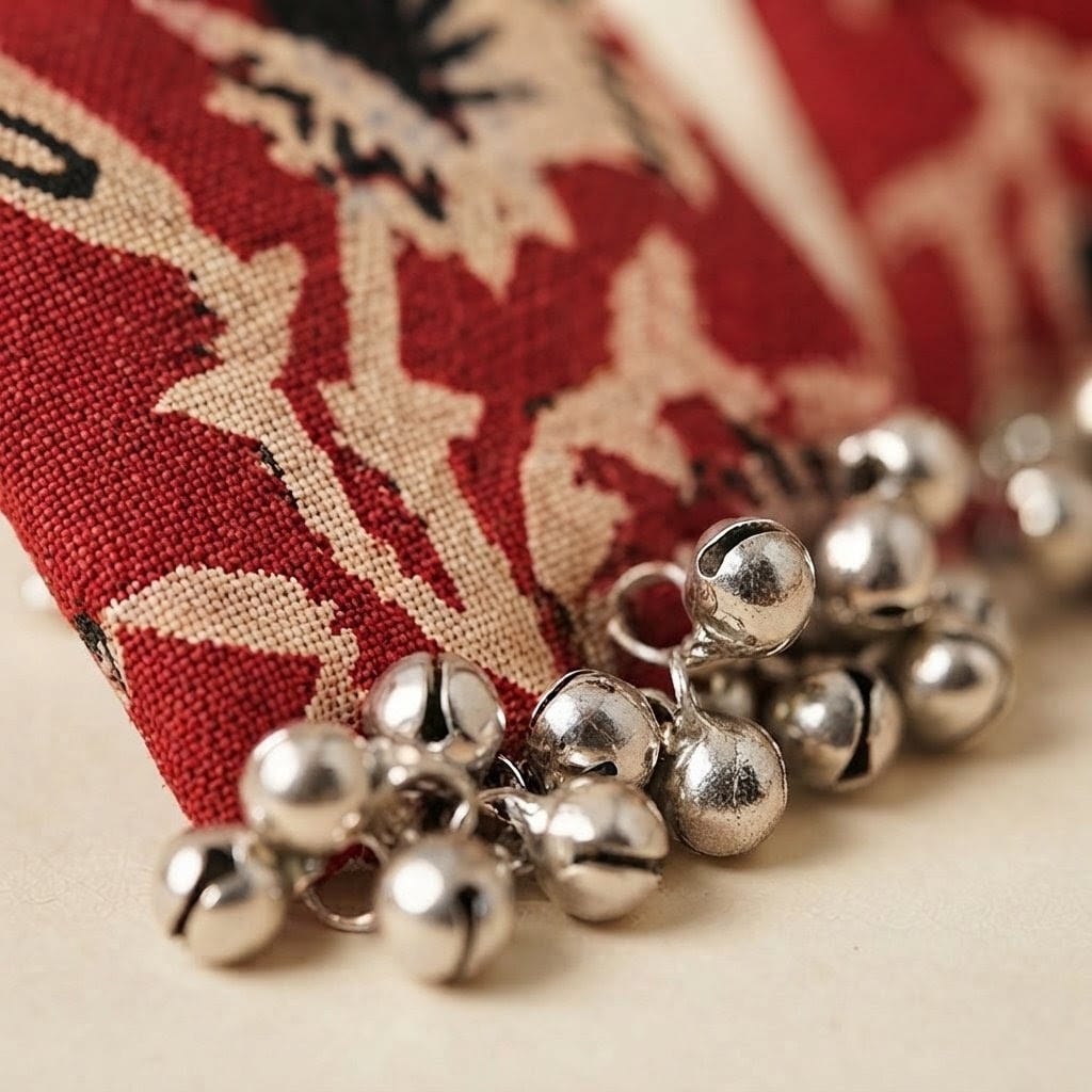 Crimson Floral Fabric Statement Red & Silver Bell Drop Studs view 3