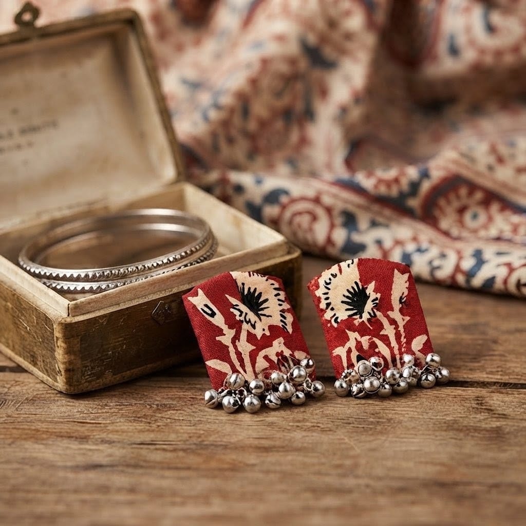 Crimson Floral Fabric Statement Red & Silver Bell Drop Studs view 4