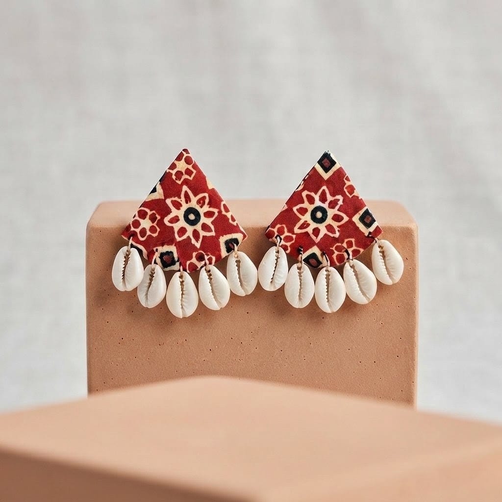 Bohemian Floral Print Cowrie Shell Triangle Earrings