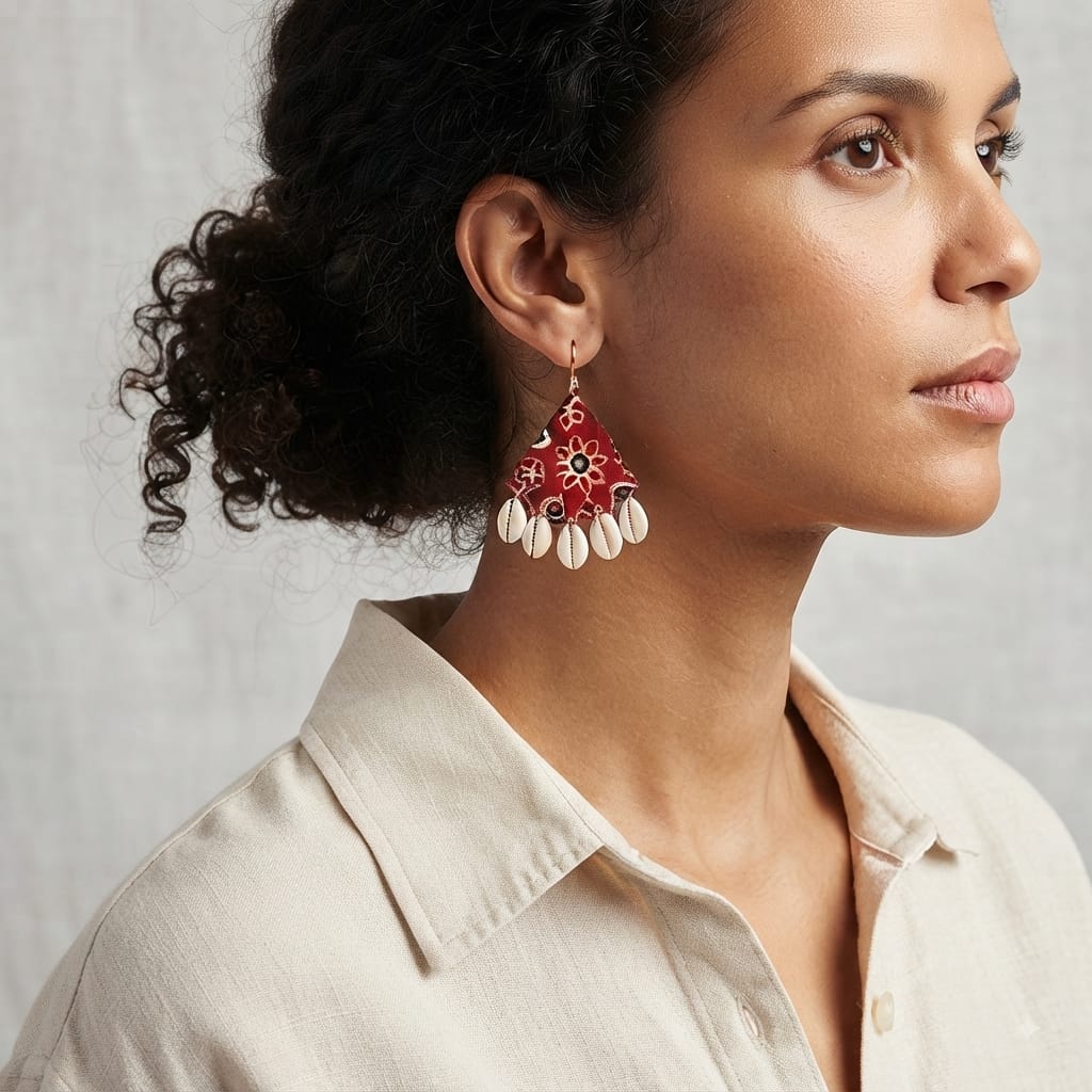 Bohemian Floral Print Cowrie Shell Triangle Earrings view 2