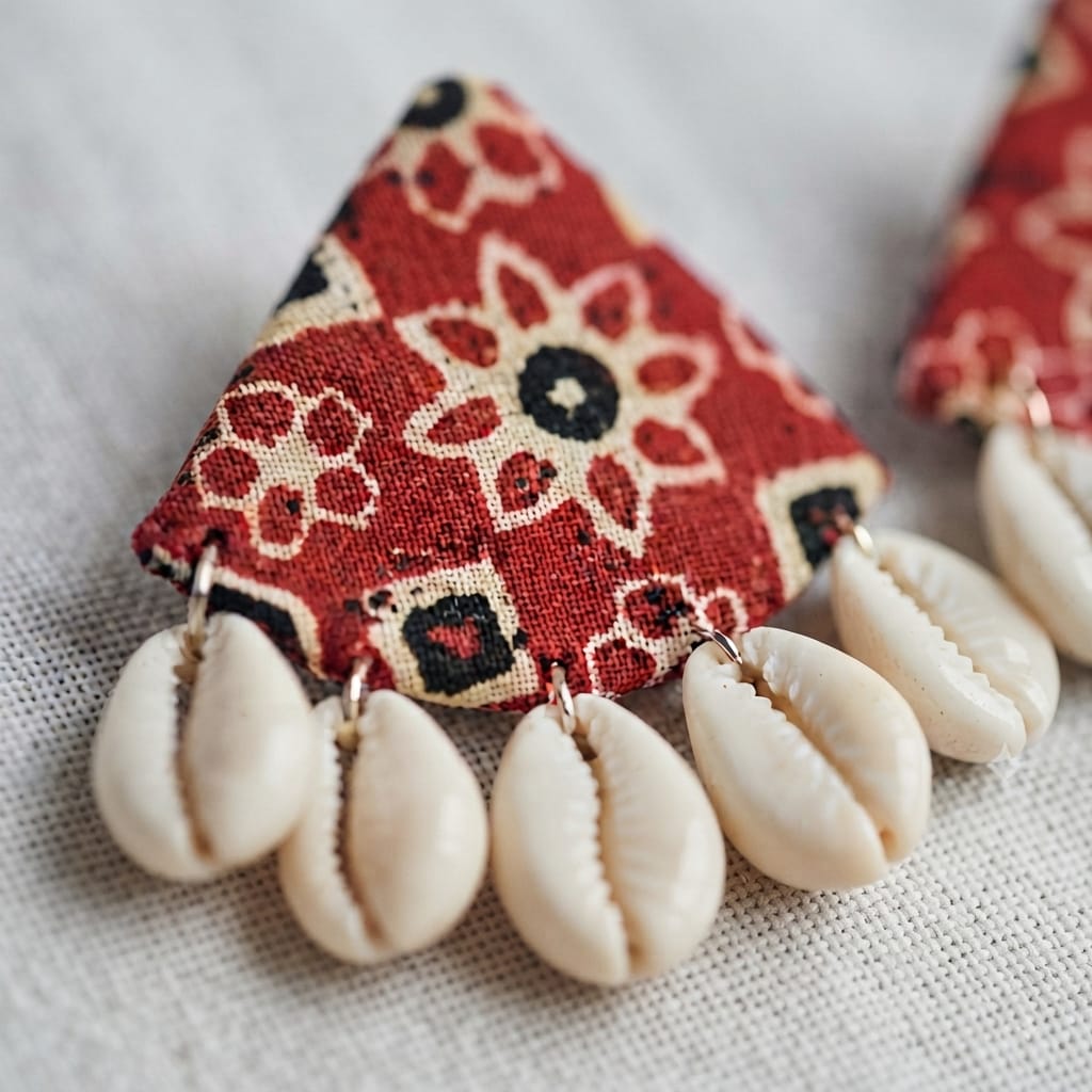 Bohemian Floral Print Cowrie Shell Triangle Earrings view 3