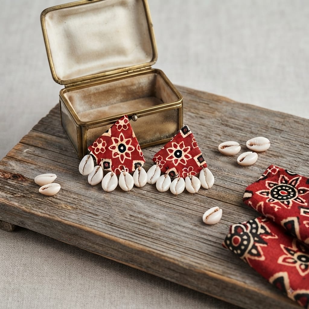 Bohemian Floral Print Cowrie Shell Triangle Earrings view 4