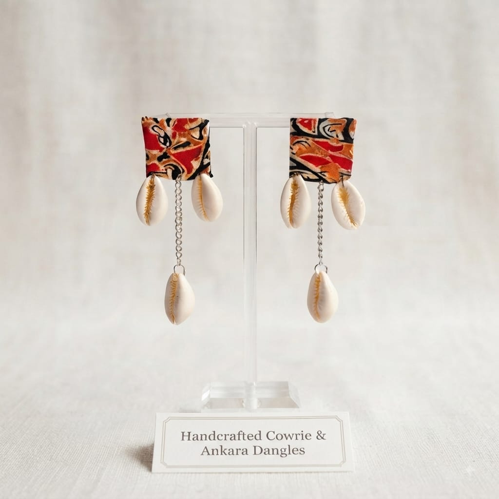 Bohemian Fabric & Cowrie Shell Drop Earrings