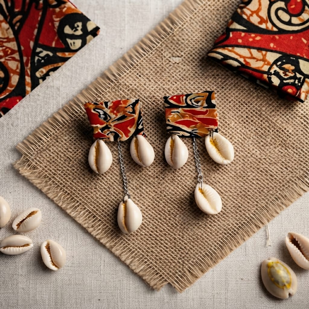 Bohemian Fabric & Cowrie Shell Drop Earrings view 2