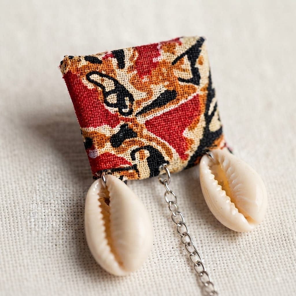 Bohemian Fabric & Cowrie Shell Drop Earrings view 3