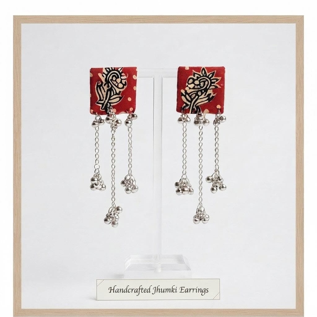 Artisan Floral Print & Silver Bell Drop Earrings