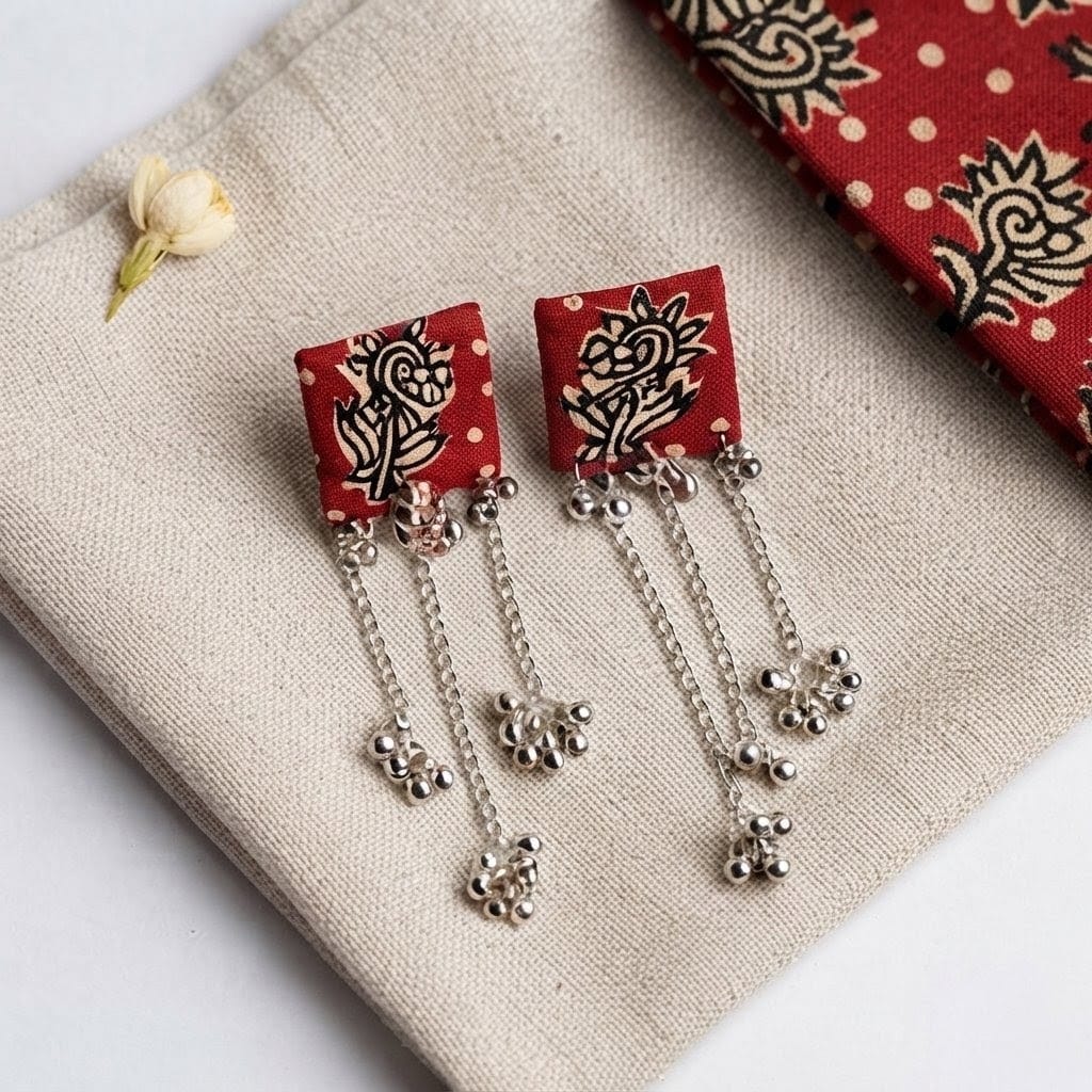 Artisan Floral Print & Silver Bell Drop Earrings view 2