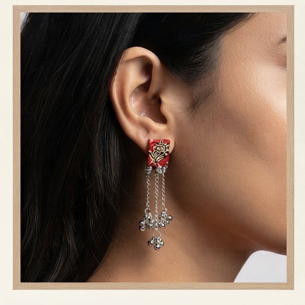Artisan Floral Print & Silver Bell Drop Earrings view 3