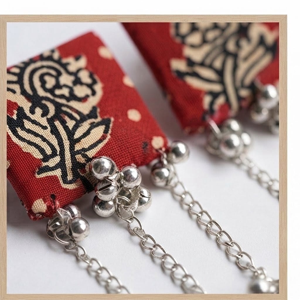 Artisan Floral Print & Silver Bell Drop Earrings view 4