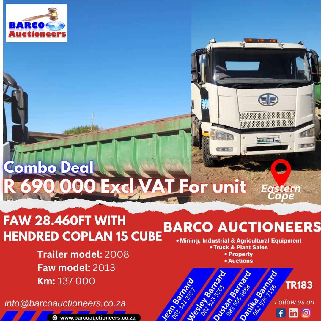 TR183_Combo Deal-FAW 28.460FT 2013 model with Hendred Coplan 15 Cube 2008 model Trailer