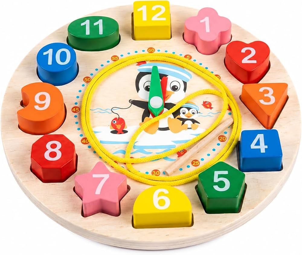 Montessori Shape Sorter Clock Toy for Kids, Number and Shape Matching Board Shape Sorter, Puzzle Board, Moveable Clock Hands, Ages 3+, Non-Toxic Paint