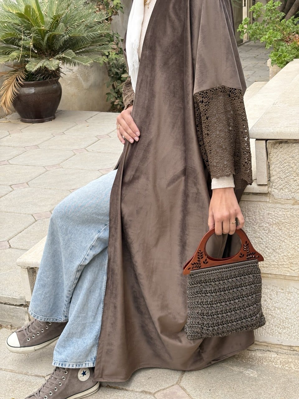 Floral Sleeved Brown Abaya
