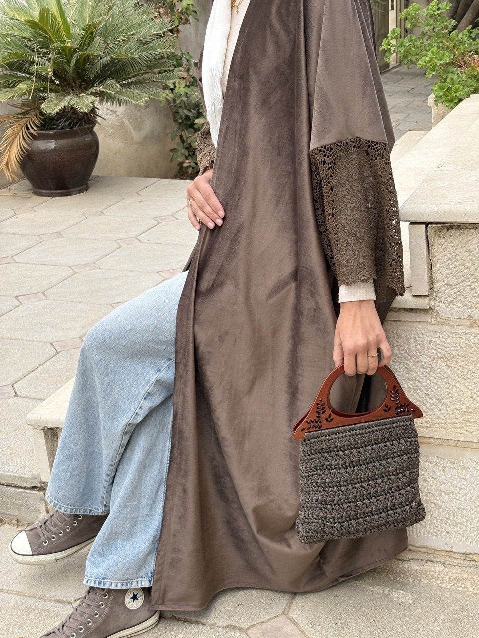 Floral Sleeved Brown Abaya