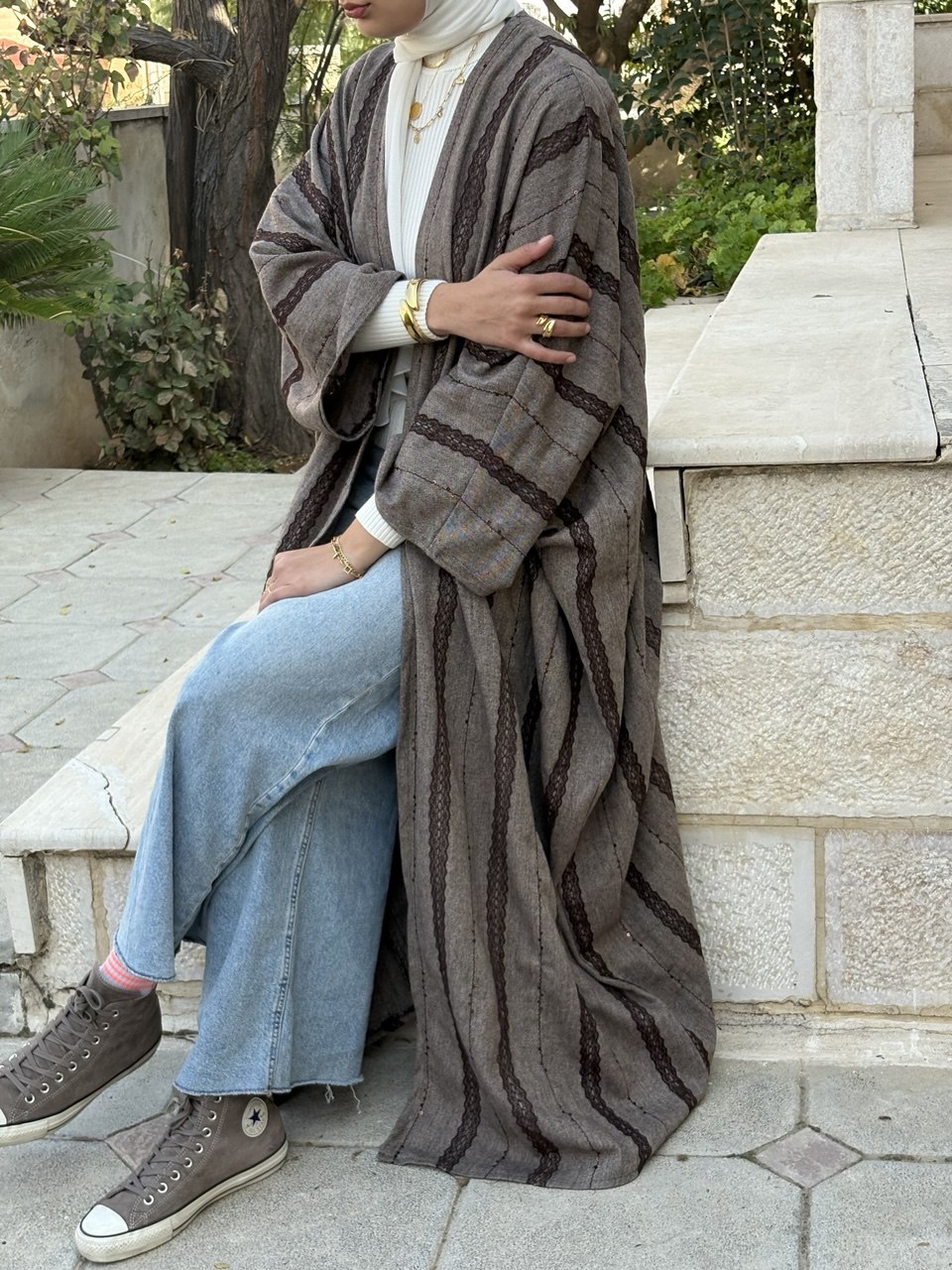 Brown Lace Stripped Abaya