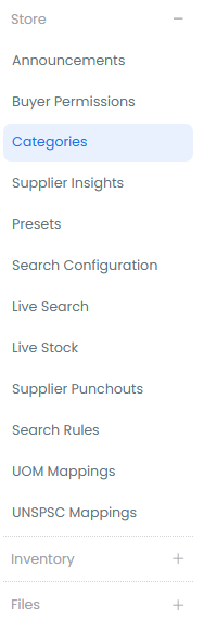 Categories section in store settings