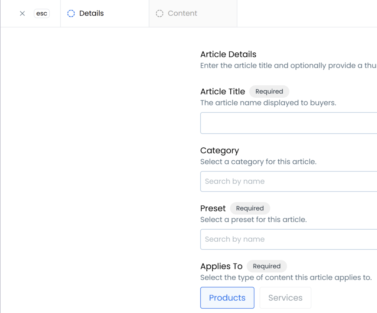 Article configuration options showing required fields