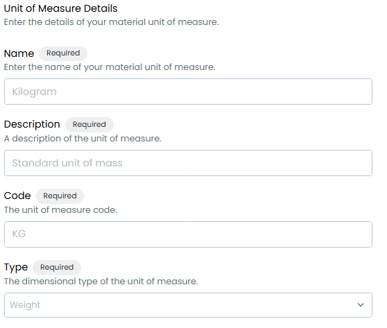 Unit of Measure configuration form