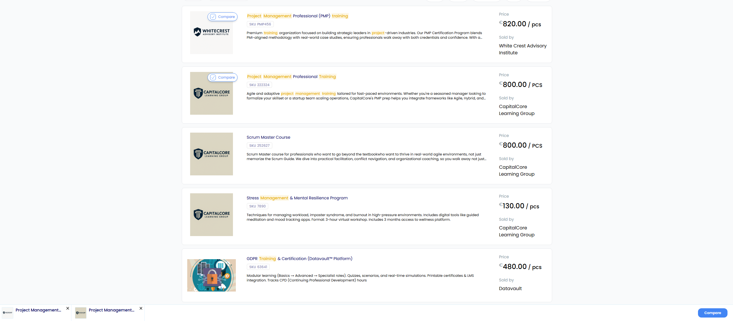 Comparison list showing selected services